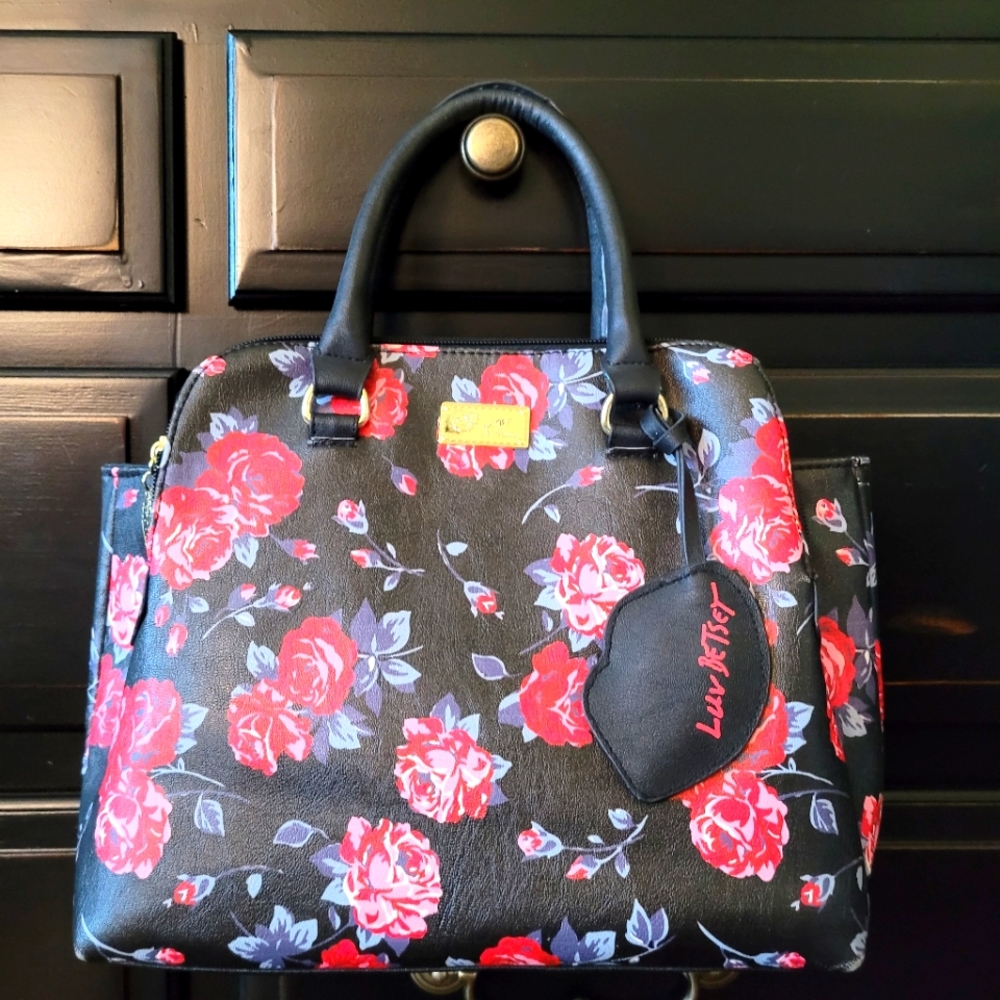 Betsey Johnson Handbag * Black Floral with Kiss